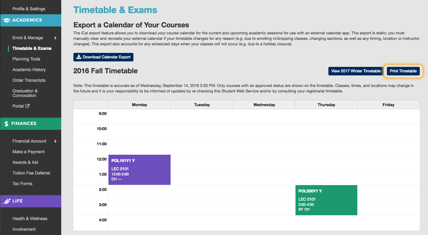 Screenshot of a student's timetable for a selected session, highlighting the "Print Timetable" button above it.