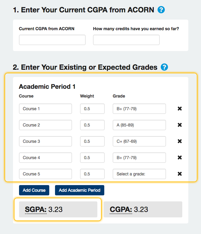 The "Enter Your Existing or Expected Grades" card is highlighted in the GPA calculator.