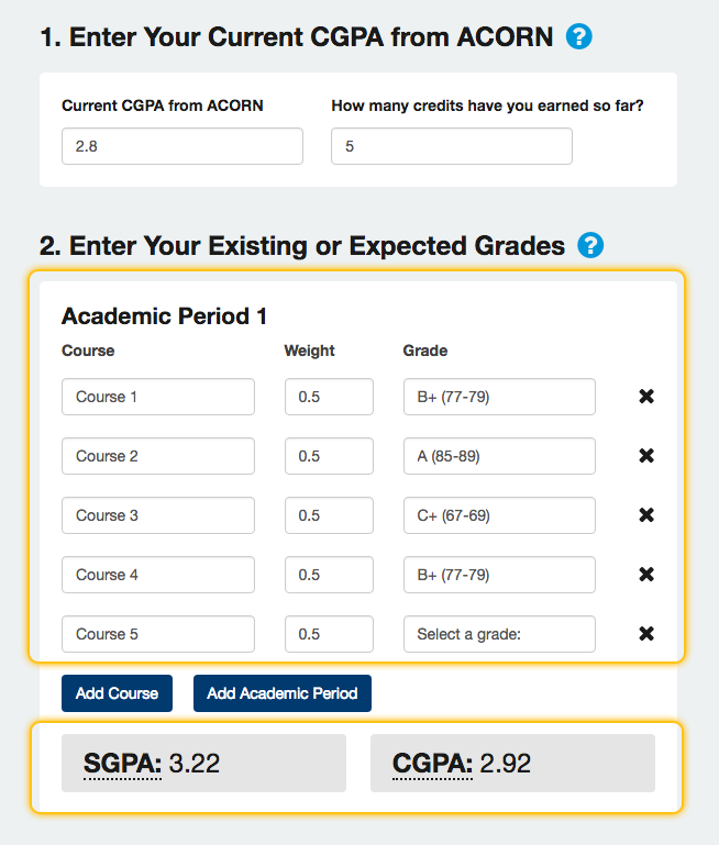 The "Enter Your Existing or Expected Grades" card is highlighted in the GPA calculator.