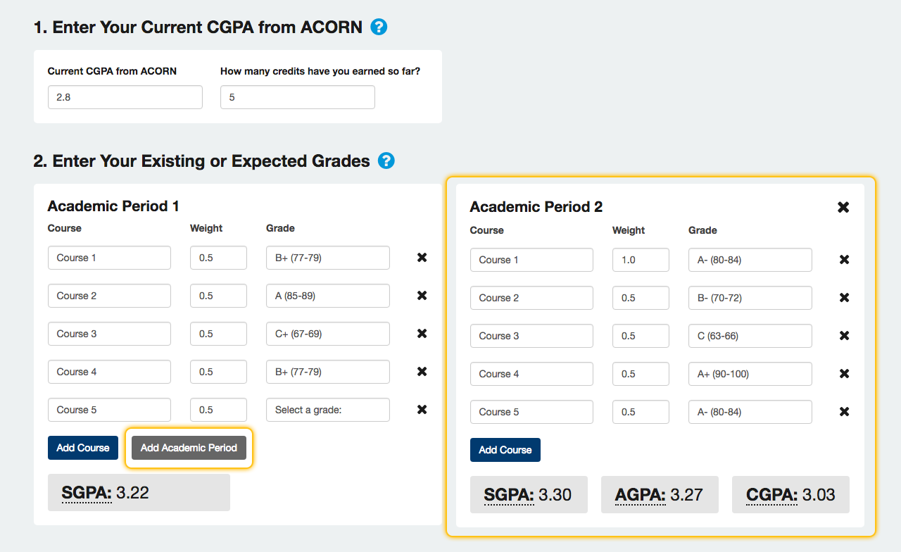 The "Add Academic Period" button and "Academic Period 2" card in the GPA calculator are highlighted.