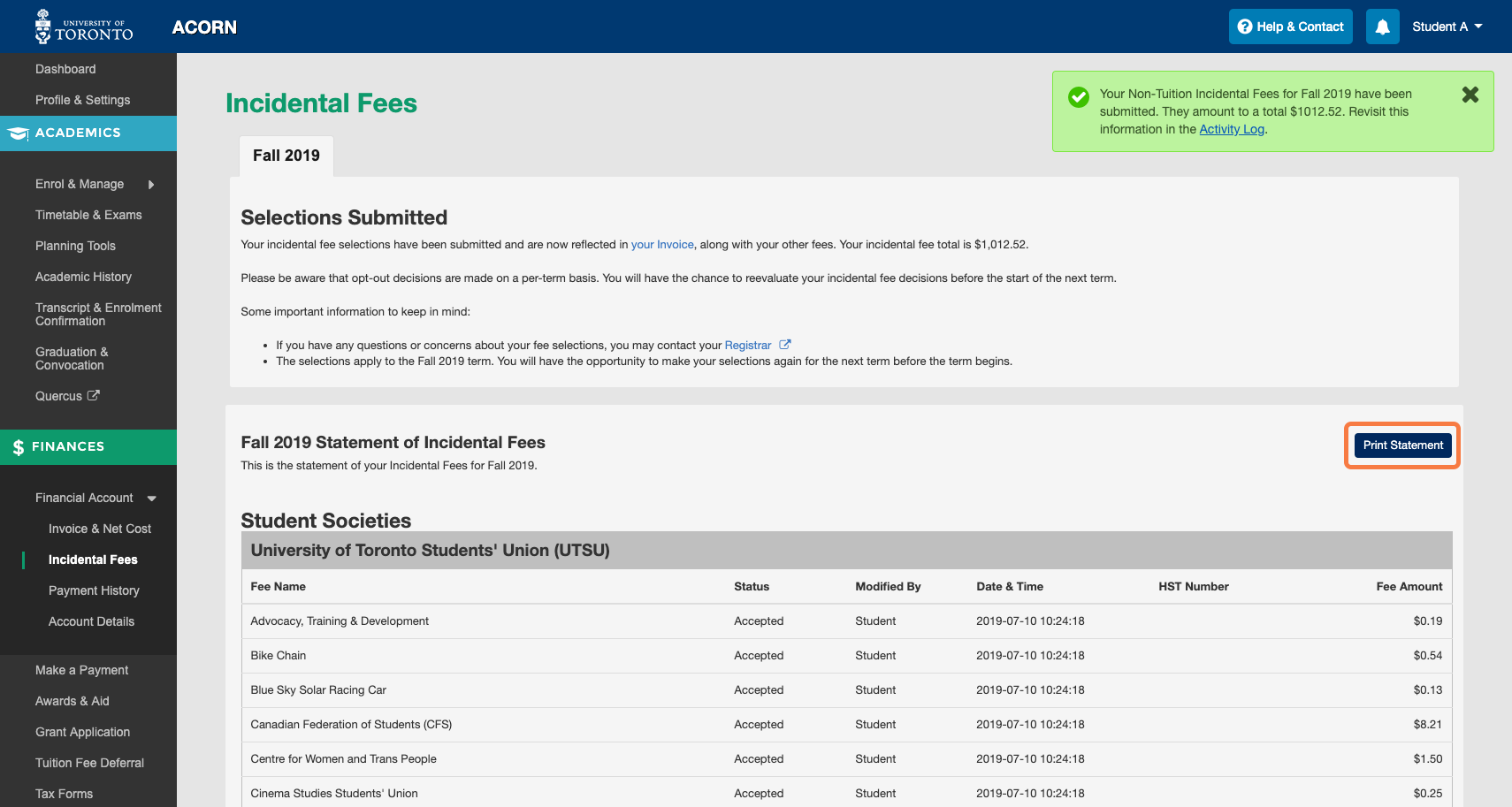 Statement of incidental fees
