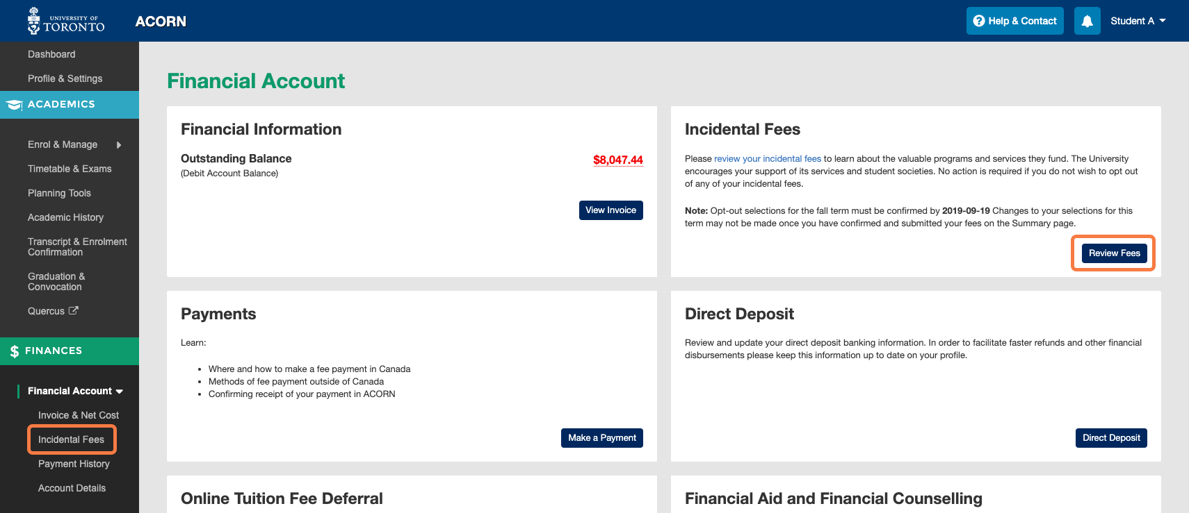 Financial Account screen