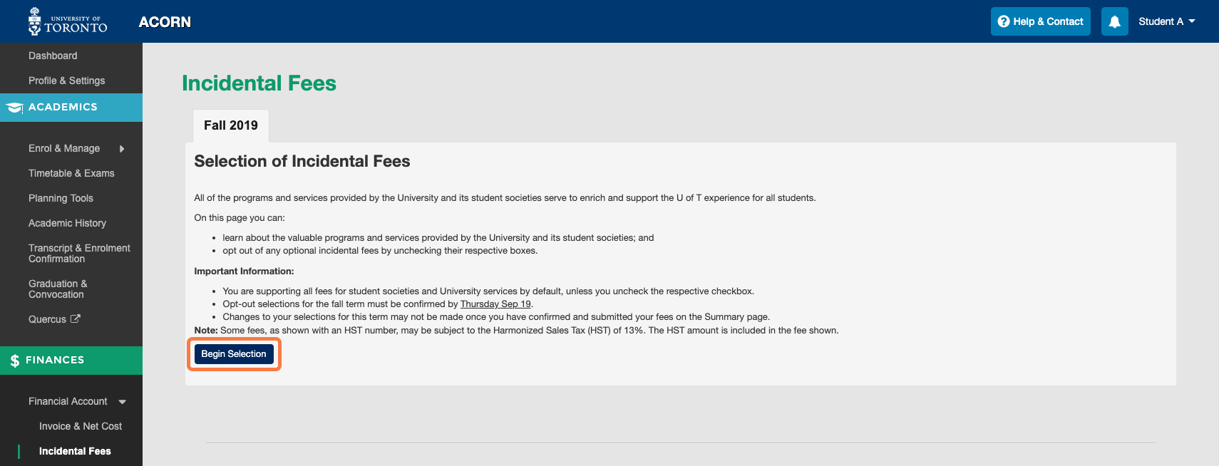 Incidental Fees screen before selections have begun