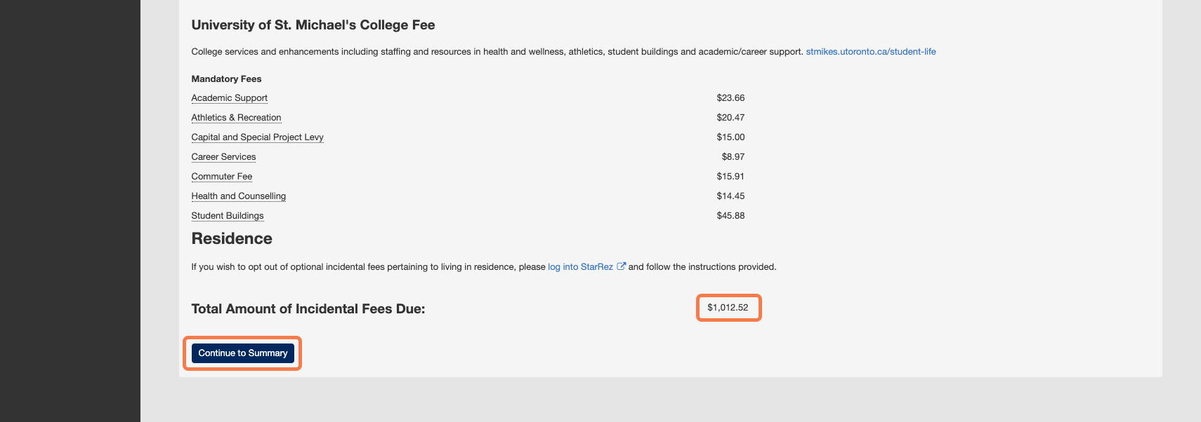 The bottom portion of the fee selection form which contains the total fees due