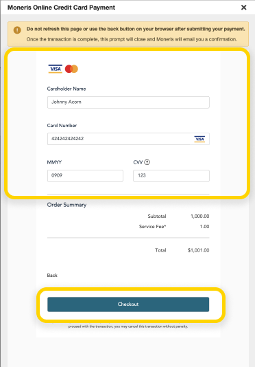 Screenshot of the checkout popup window.