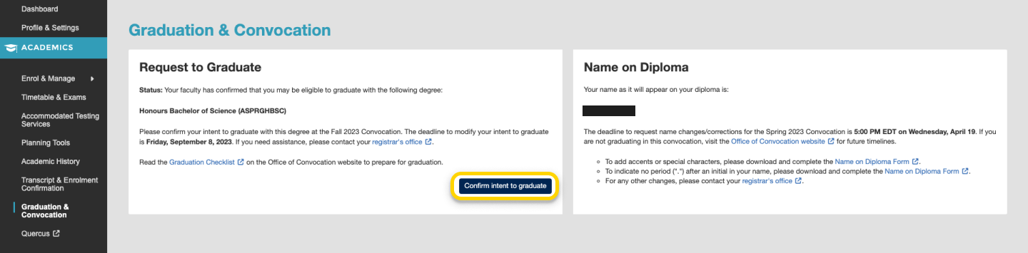 Screenshot highlighting the 'Confirm Intent to Graduate' button in the Graduation & Convocation page.