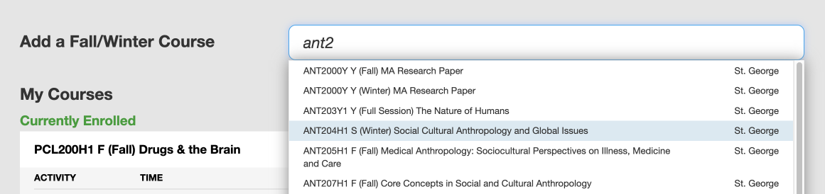 A dropdown showing a list of courses related to the keyword "ant2" are shown.