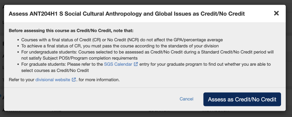 A modal window with additional information about Credit/No Credit, with the option to Assess the course as Credit/No Credit highlighted.