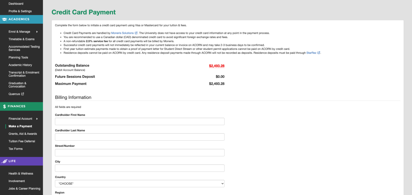 Screenshot displaying the Credit Card Payment page, which displays what information will be asked of the student.