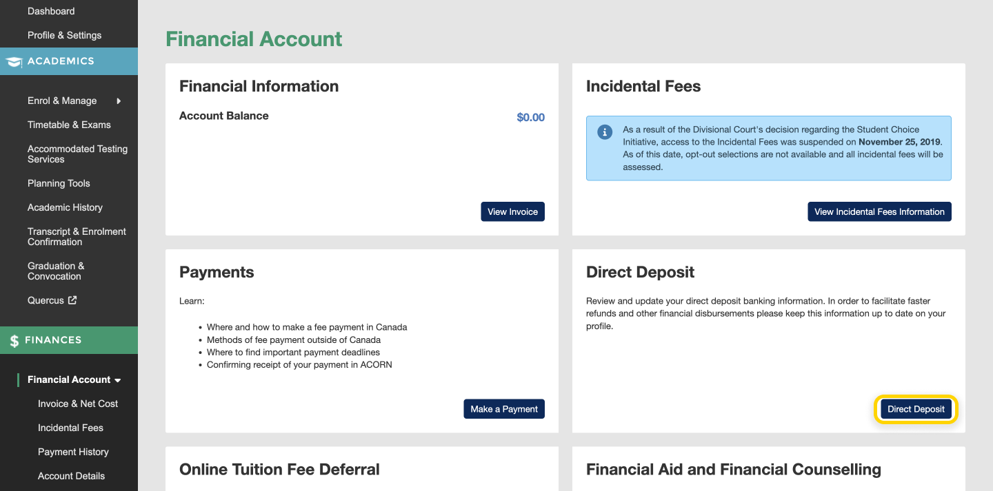 Screenshot highlighting the ‘Direct Deposit’ button.