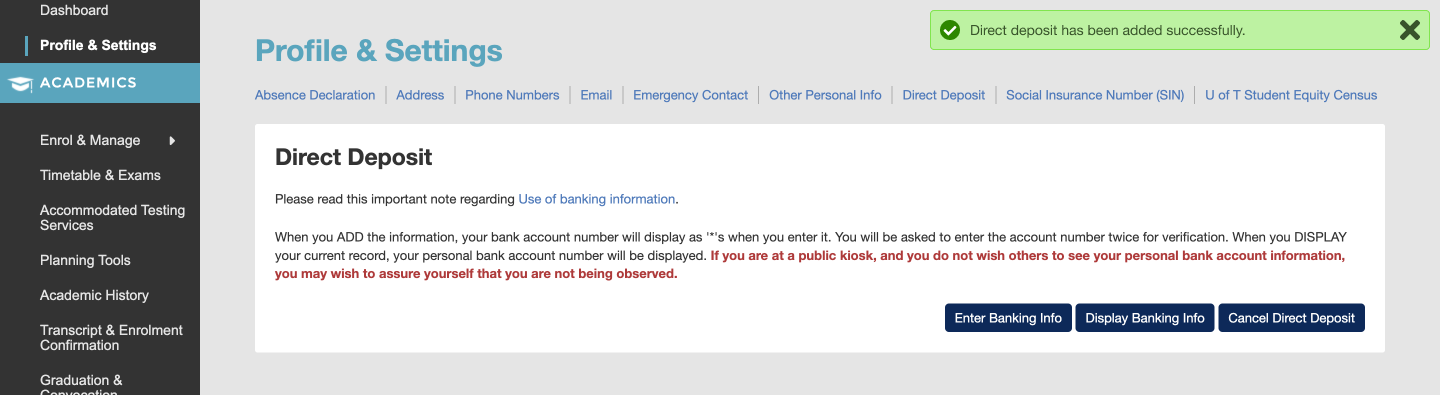 Screenshot displaying a confirmation message about direct deposit information being uploaded.