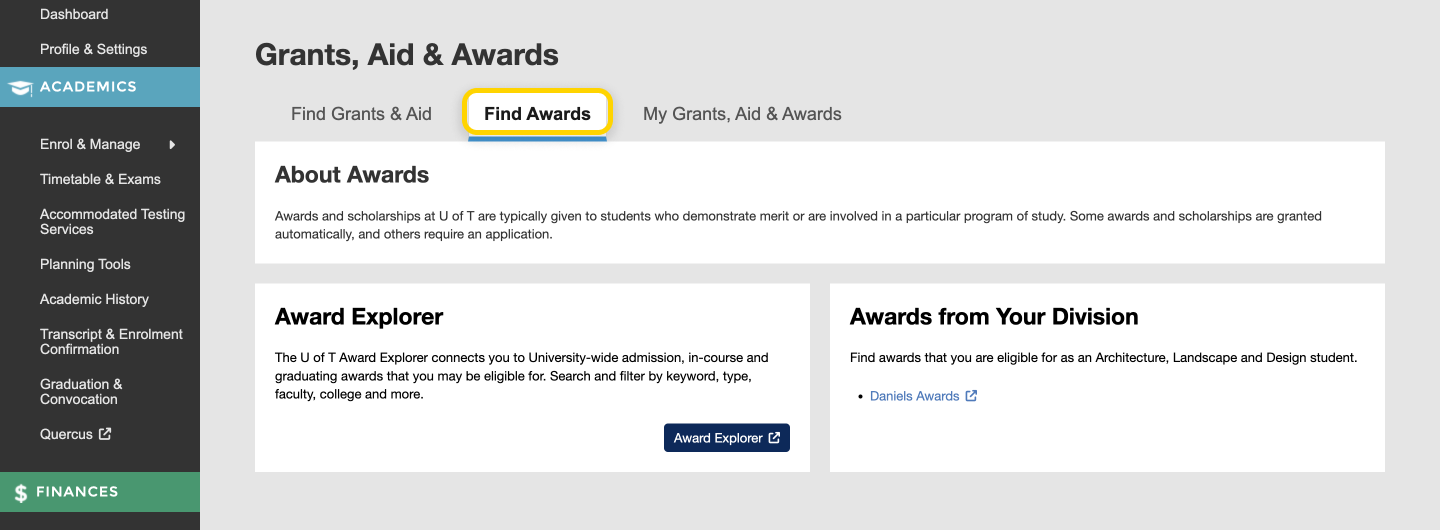 Screenshot highlighting the active 'Find Awards' tab under the Grants, Aid & Awards heading.