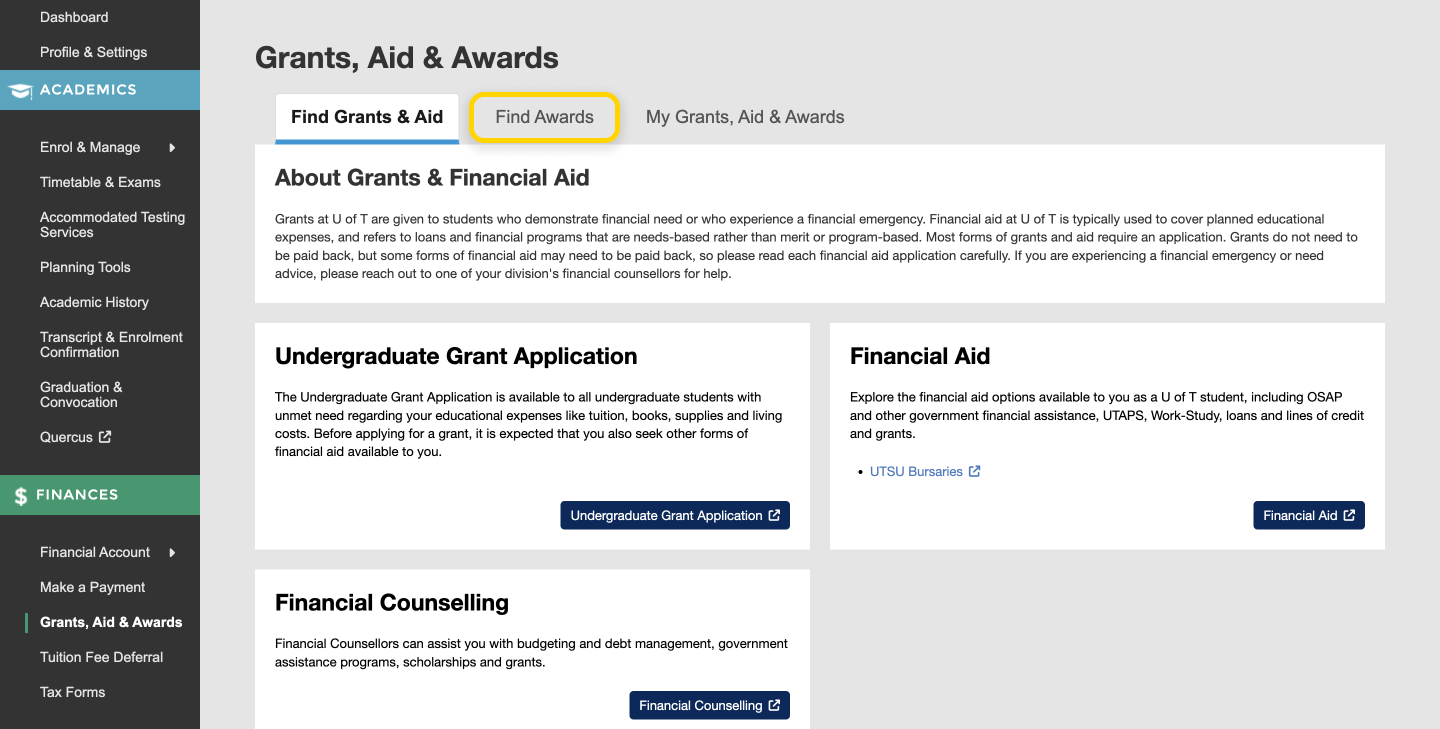 Screenshot highlighting the 'Find Awards' tab under the Grants, Aid & Awards heading.