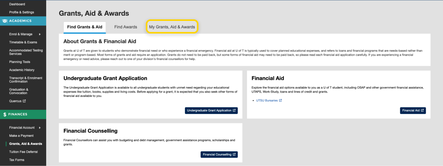 Screenshot highlighting the My Grants, Aid & Awards tab under the Grants, Aid & Awards heading.