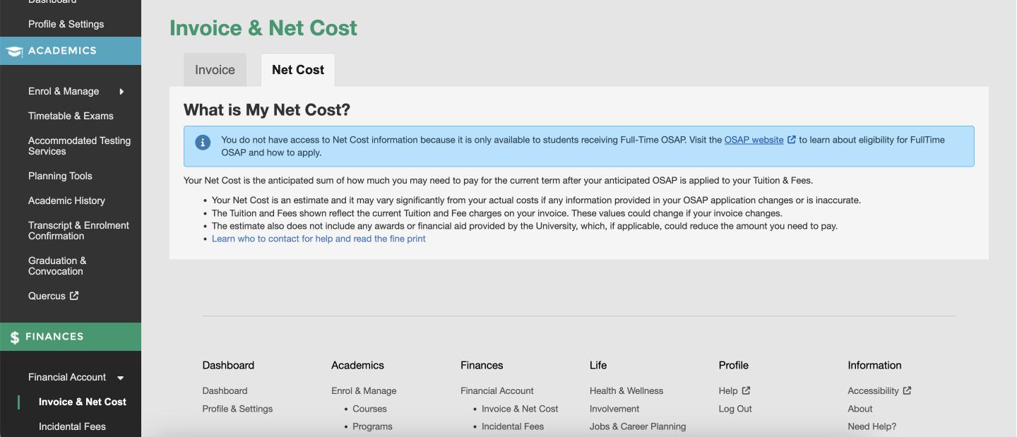 Screenshot displaying an explanation about Net Cost, in ACORN's Invoice & Net Cost page.