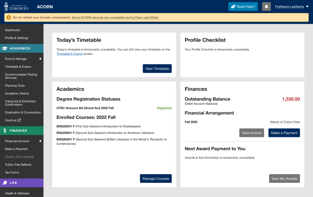 The ACORN dashboard with a yellow notice spanning the top of the page, and several areas that say that they are unavailable.