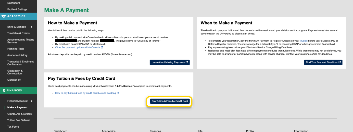 Screenshot highlighting the ‘Pay Tuition & Fees by Credit Card’ button in the 'Pay Tuition & Fees by Credit Card' card