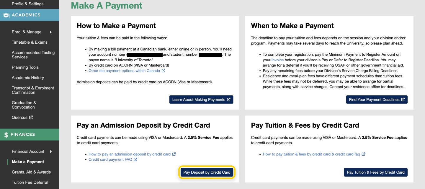 Screenshot highlighting the 'Pay Deposit by Credit Card' in the Make a Payment page.
