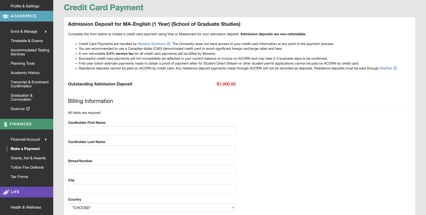Screenshot of the Credit Card Payment page, which highlights what payment information is being asked of the student.