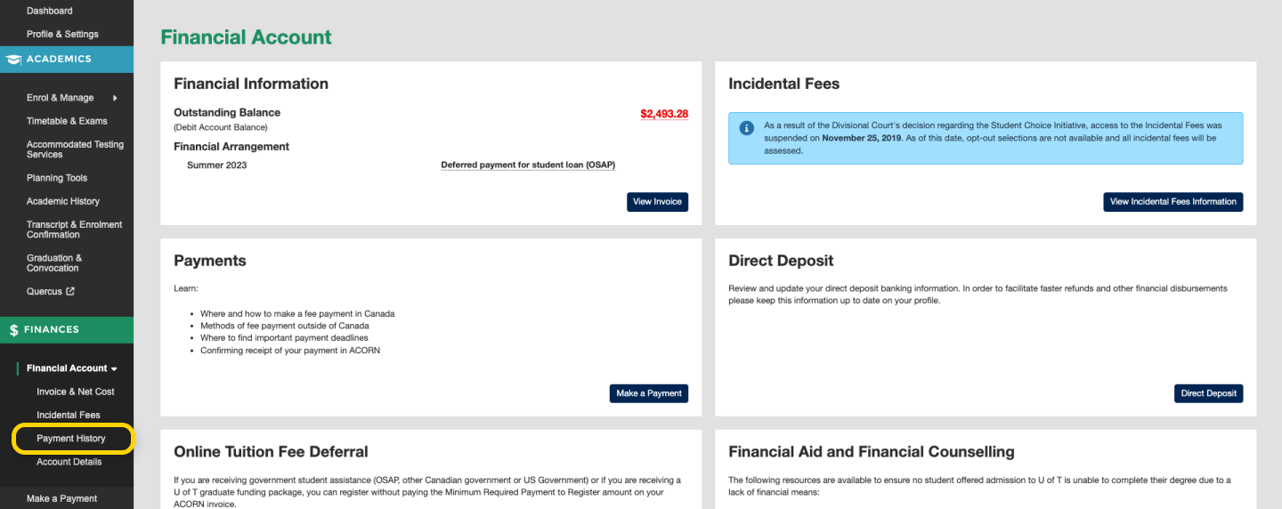 Screenshot highlighting the 'Payment History' link in ACORN's main navigation.