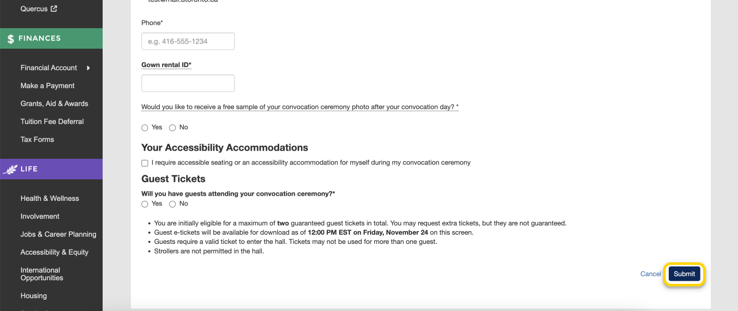 Screenshot highlighting the 'Submit' button in the RSVP & Guest Ticket form.