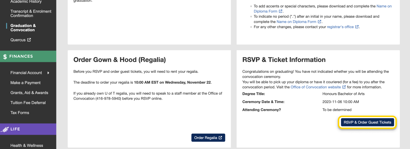 Screenshot highlighting the 'RSVP & Order Guest Tickets' button in the RSVP & Ticket Information card within the Convocation & Graduation page.