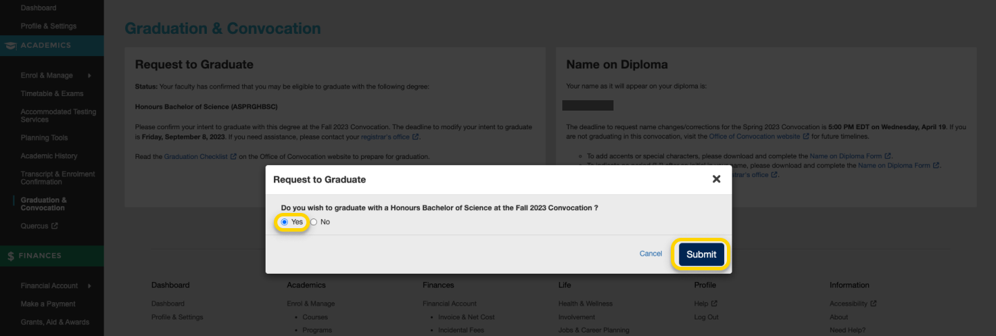Screenshot highlighting the 'Submit' button in a pop-up window confirming the student's intent to graduate, in the Graduation & Convocation page.