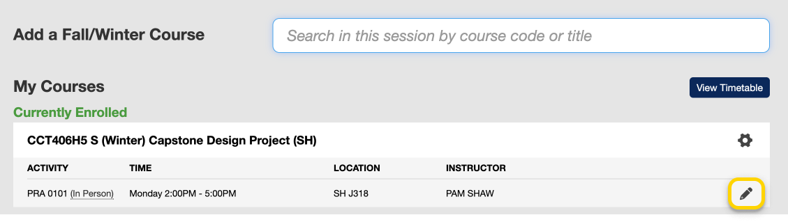 On the Courses page, a course with one practical is listed under the Currently Enrolled section.