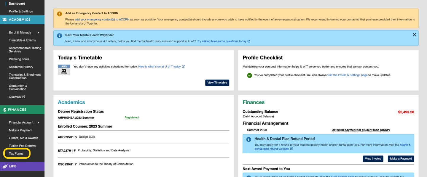 Screenshot highlighting the Tax Forms link in ACORN's main navigation.