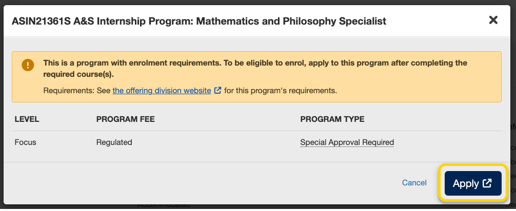 A modal window for a program that requires special approval. The Apply button is highlighted.