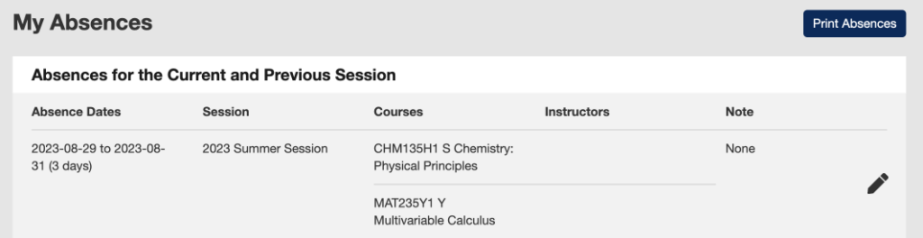 A My Absences table showing an "edit" pencil icon on the right side.