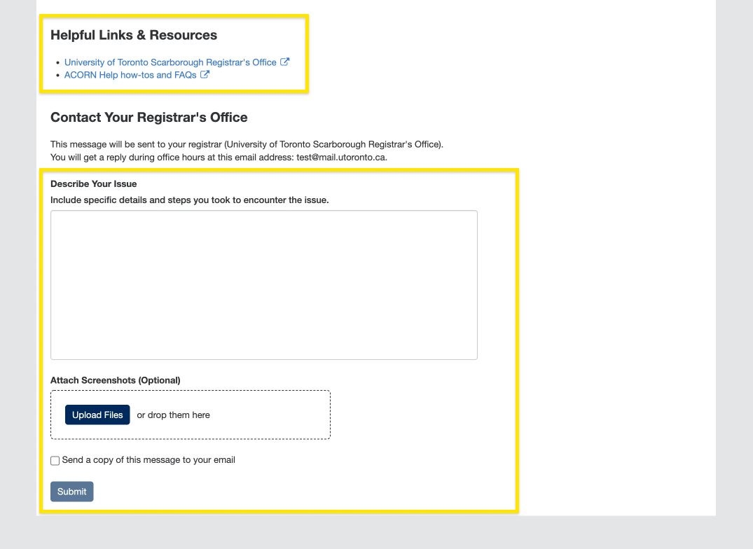 "Helpful Links & Resources" and instructions to contact the Registrar's Office highlighted on the ACORN "Need Help?" page