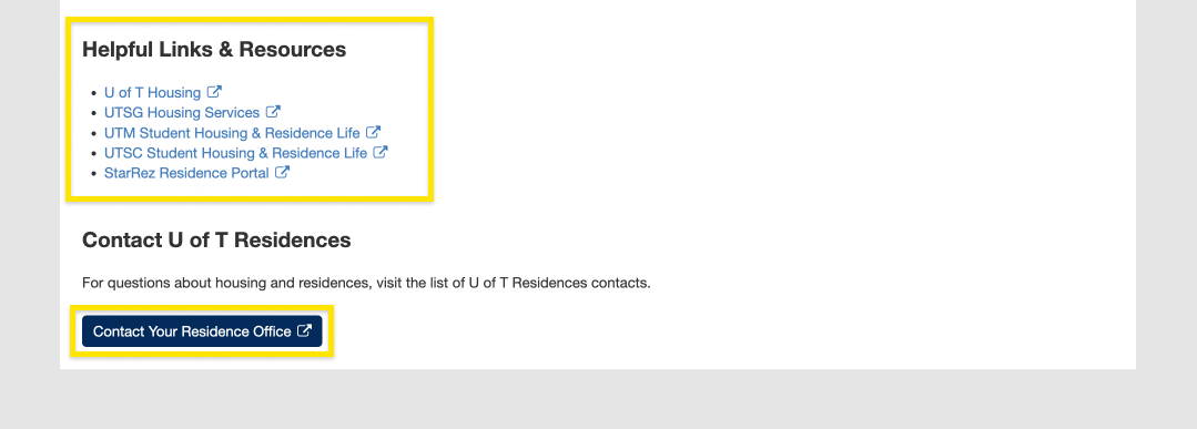 "Helpful Links & Resources" and the "Contact Your Residences Office" button highlighted on the ACORN "Need Help?" page