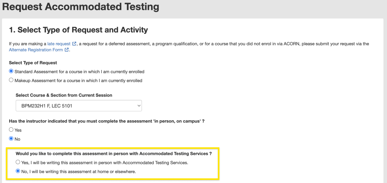 Screenshot of Section 1 of the Request Accommodated Testing form 