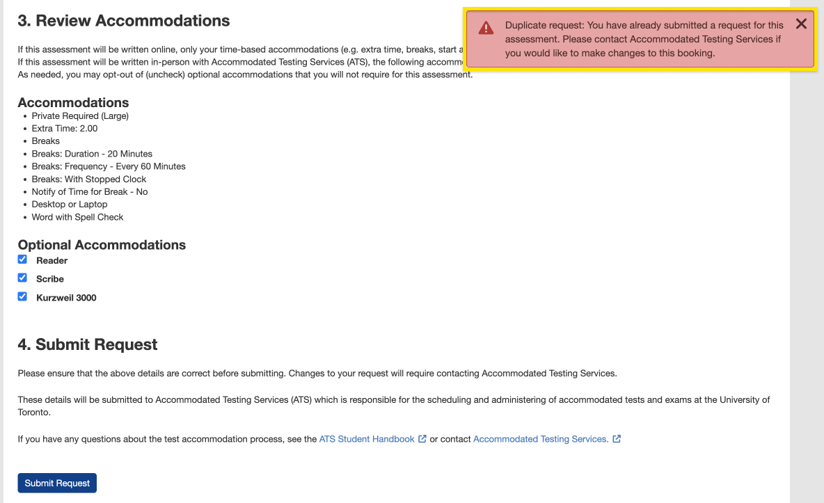 Screenshot of a duplicate error message and unsuccessful booking request