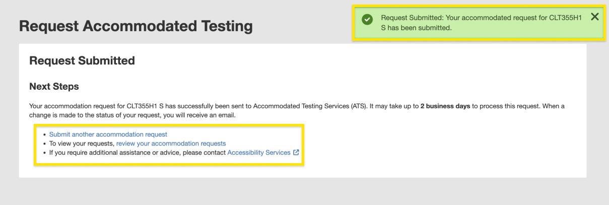Screenshot of a successful booking request and the Next Steps page