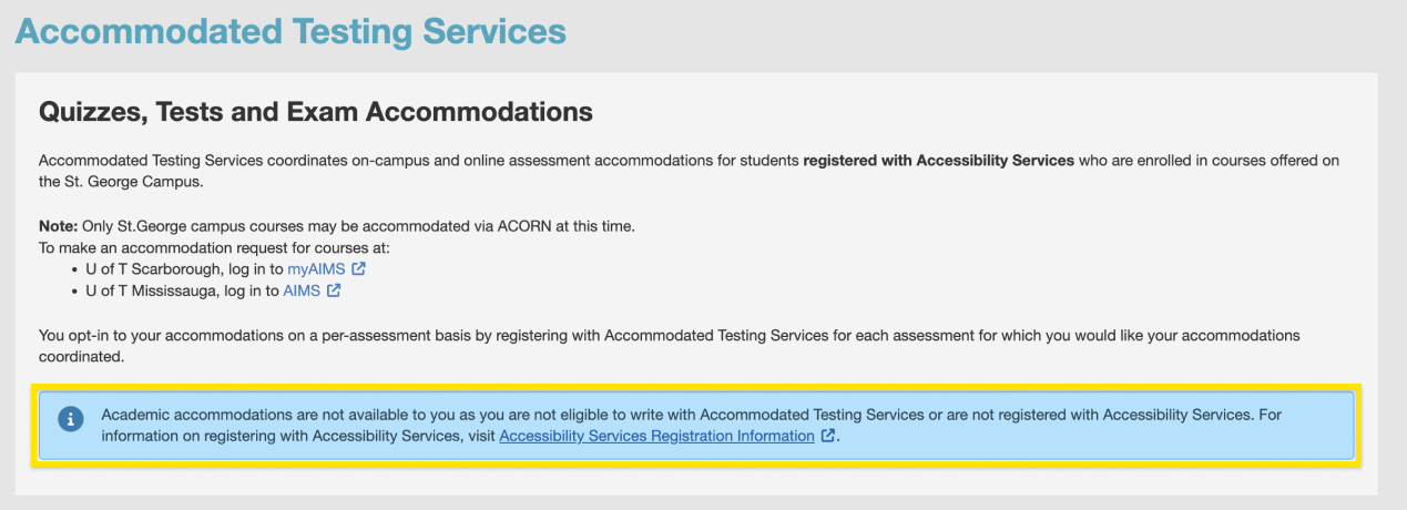 Screenshot of Accommodated Testing Services Page if you are not registered with Accessibility Services or do not have registered accommodations