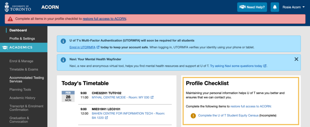 A screenshot of the ACORN Dashboard featuring a red message instructing you to complete your Profile Checklist, a Profile Checklist with one outstanding item, and several inactive links in the main navigation.