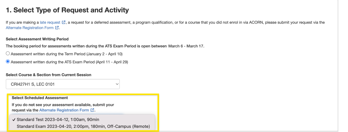 Screenshot of course selection with scheduled assessments